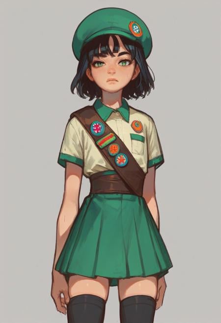 score_9, score_8_up, score_7_up, score_6_up, score_5_up, 1girl, solo, black hair, medium hair, bangs, flat chest, girl scout, badge hat, badge sash, green skirt, thighhighs