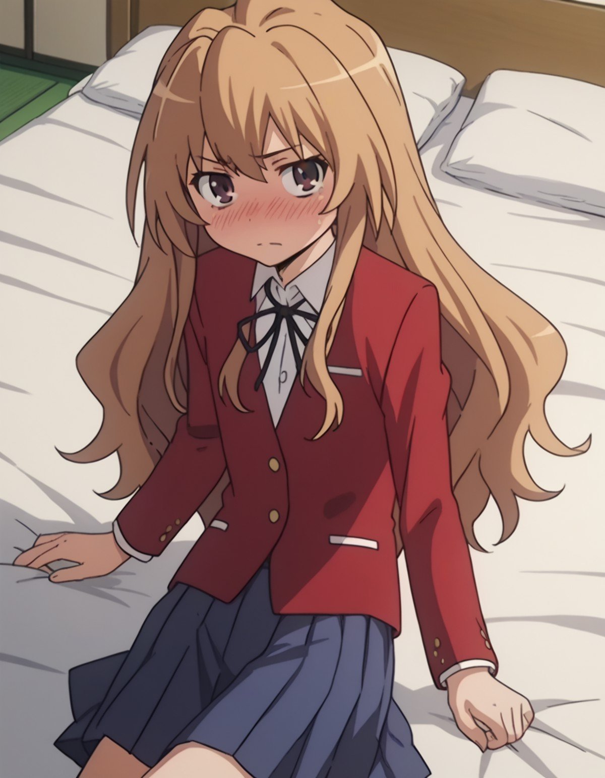 score_9, score_8_up, score_7_up, source_anime,taigaaisaka, <lora:taiga-aisaka-s1-ponyxl-lora-nochekaiser:1>,taiga aisaka, long hair, brown hair, brown eyes,school uniform, oohashi high school uniform, jacket, red jacket, long sleeves, shirt, white shirt, collared shirt, ribbon, skirt, pleated skirt,indoors, bed, bed room, on side, blush, drunk,looking at viewer, solo, cowboy shot, dutch angle,