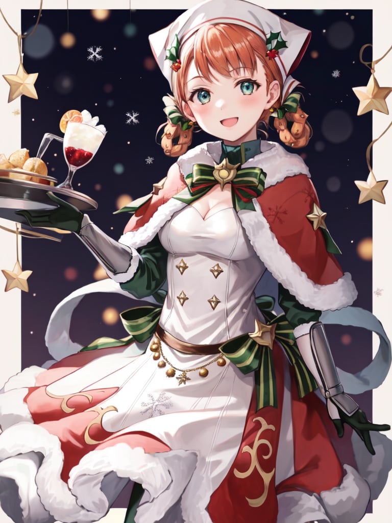 <lora:Annette_FE-10:0.9>, annette_hopes, 1girl, solo, breasts, looking at viewer, blush, smile, open mouth, bangs, gloves, dress, bow, holding, cleavage, medium breasts, braid, elbow gloves, hand up, star (symbol), official alternate costume, fur trim, bell, capelet, musical note, christmas, green bow, tray, hair rings, official alternate hairstyle, fur-trimmed gloves, fur-trimmed capelet, fur-trimmed dress, green gloves