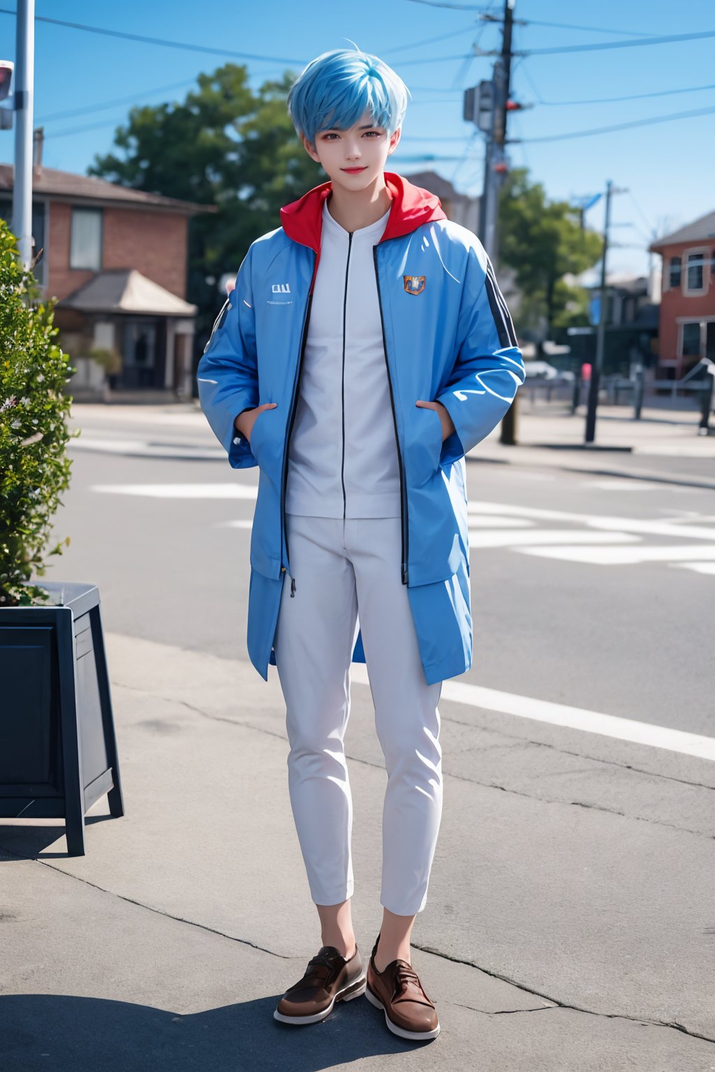 intricate details, hansome boy, Light blue hair, white skin, red eyes, sharp jawline, cropped jacket, full body, smirk, outdoors,