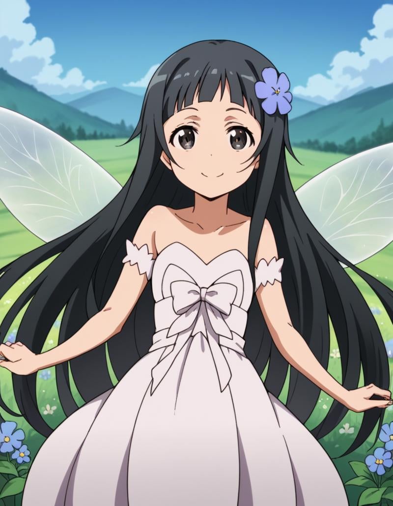 score_9, score_8_up, score_7_up, source_anime,saoyui, <lora:sao-yui-s1-alo-ponyxl-lora-nochekaiser:0.8>,yui, long hair, bangs, black hair, hair ornament, very long hair, flower, hair flower, black eyes,dress, bare shoulders, collarbone, wings, fairy wings, fairy,outdoors, landscape, smile,cowboy shot, looking at viewer, solo, dutch angle,