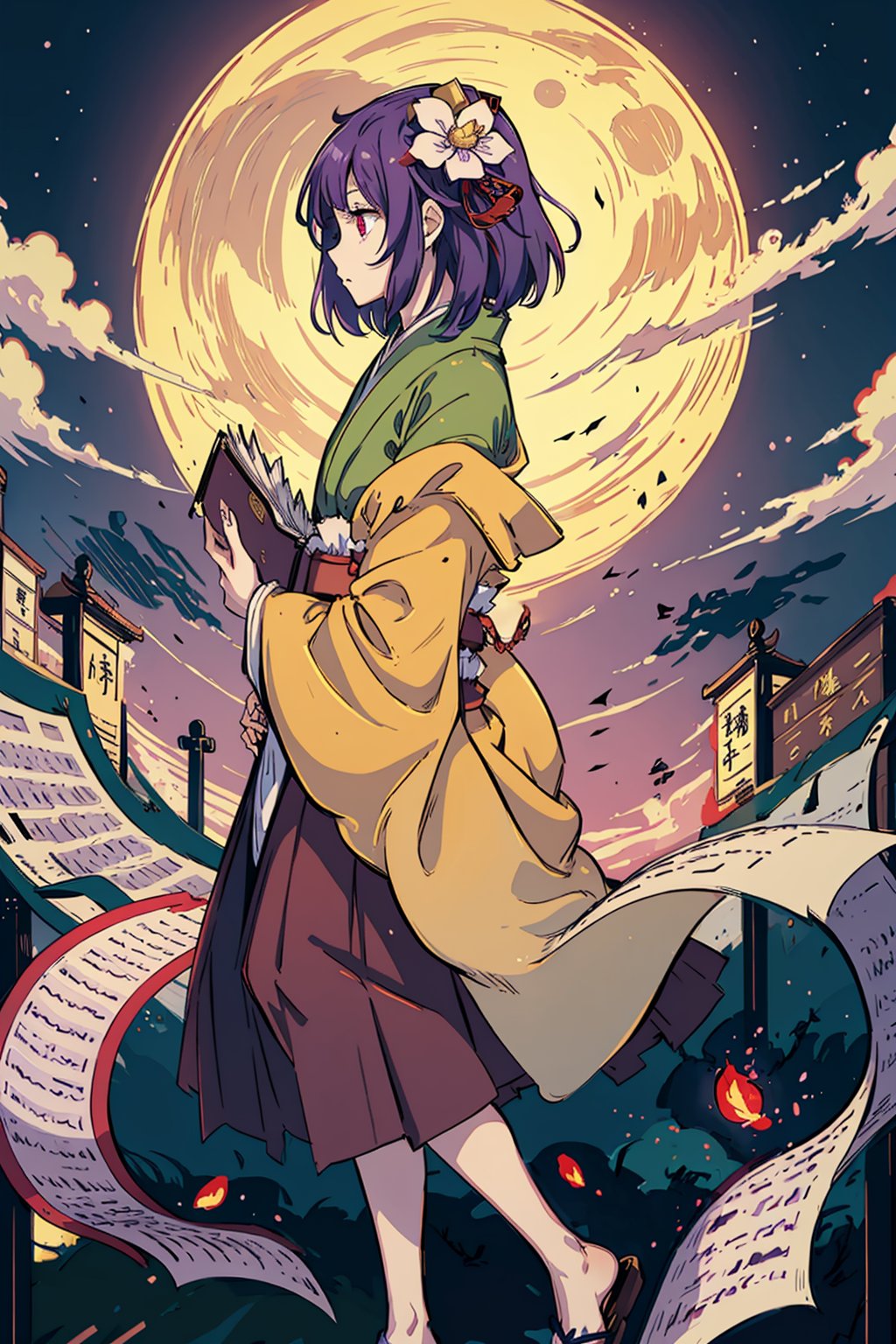 masterpiece, best quality, <lora:HiedanoAkyuu:1>,hieda no akyuu, 1girl, solo, flower, hair ornament, book, hair flower, japanese clothes, purple hair, scroll, short hair, purple eyes, kimono, star (symbol), moon, red hair, skirt, wide sleeves, red eyes, long sleeves, holding book, holding, book hug, profile, sandals