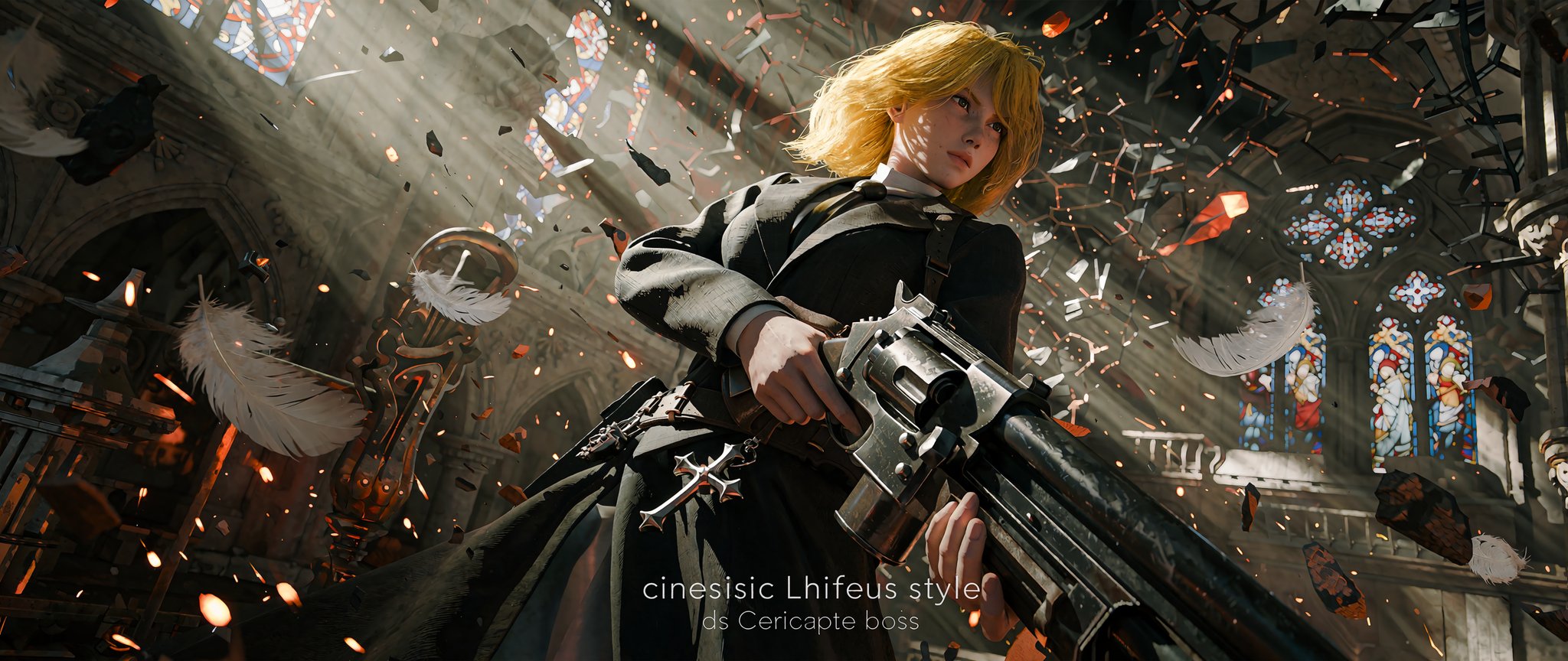 ​A cinematic,  low-angle action shot of Rosette Christopher from Chrno Crusade inside a collapsing,  gothic cathedral. She...
