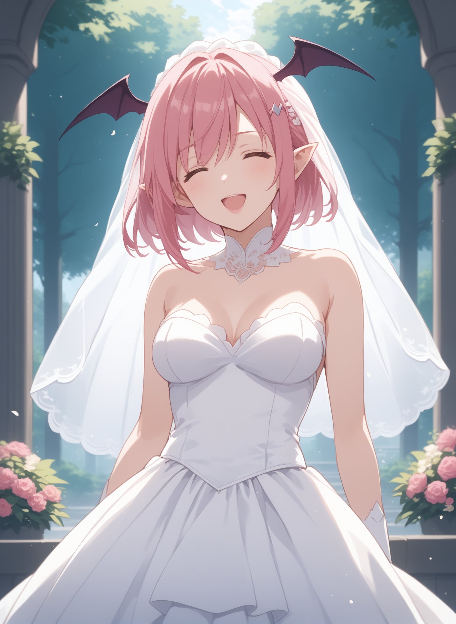 score_9, score_8_up, score_7_up, intricate details, source_anime, intricate details, highly detailed background, perfect lightingbest quality, ginnyfindesalva, solo, outdoors, nature, bridal veil, demon girl, pink hair, head wings, bat wings, hair between eyes, hairclip, medium hair, closed eyes, pointy ears, medium breasts, wedding dress, white dress, white gloves, frilled skirt, smile, open mouth, ^o^, pink lips, <lora:Ginny-Fin-de-Salva:0.7>