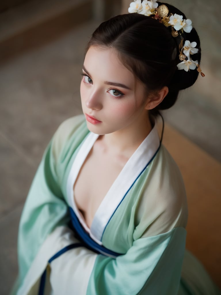 a 18 y.o french pretty modeling in hanfu,from_above,soft lighting,high resolution,professional grade,RAW photography,evocative composition,Cinematic Lighting,moody lighting,(freckles:0.7),sexy,perfect eyes,