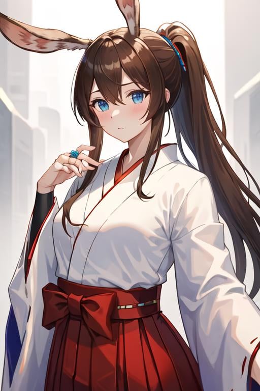 best quality, masterpiece, highres, solo, {white kimono:1.35}, {red hakama:1.35}, {wide sleeves:1.20}, {amiya_arknights:1.15}, animal_ears, brown_hair, rabbit_ears, long_hair, bangs, blue_eyes, hair_between_eyes, sidelocks, jewelry, closed_mouth, ring, upper_body, ascot, ponytail, blush