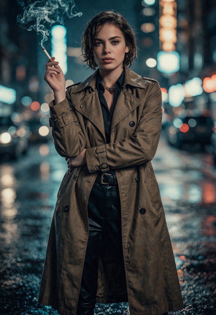 masterpiece,  female detective in a rainy noir city,  trench coat by Electric Dreams on Tensor.Art