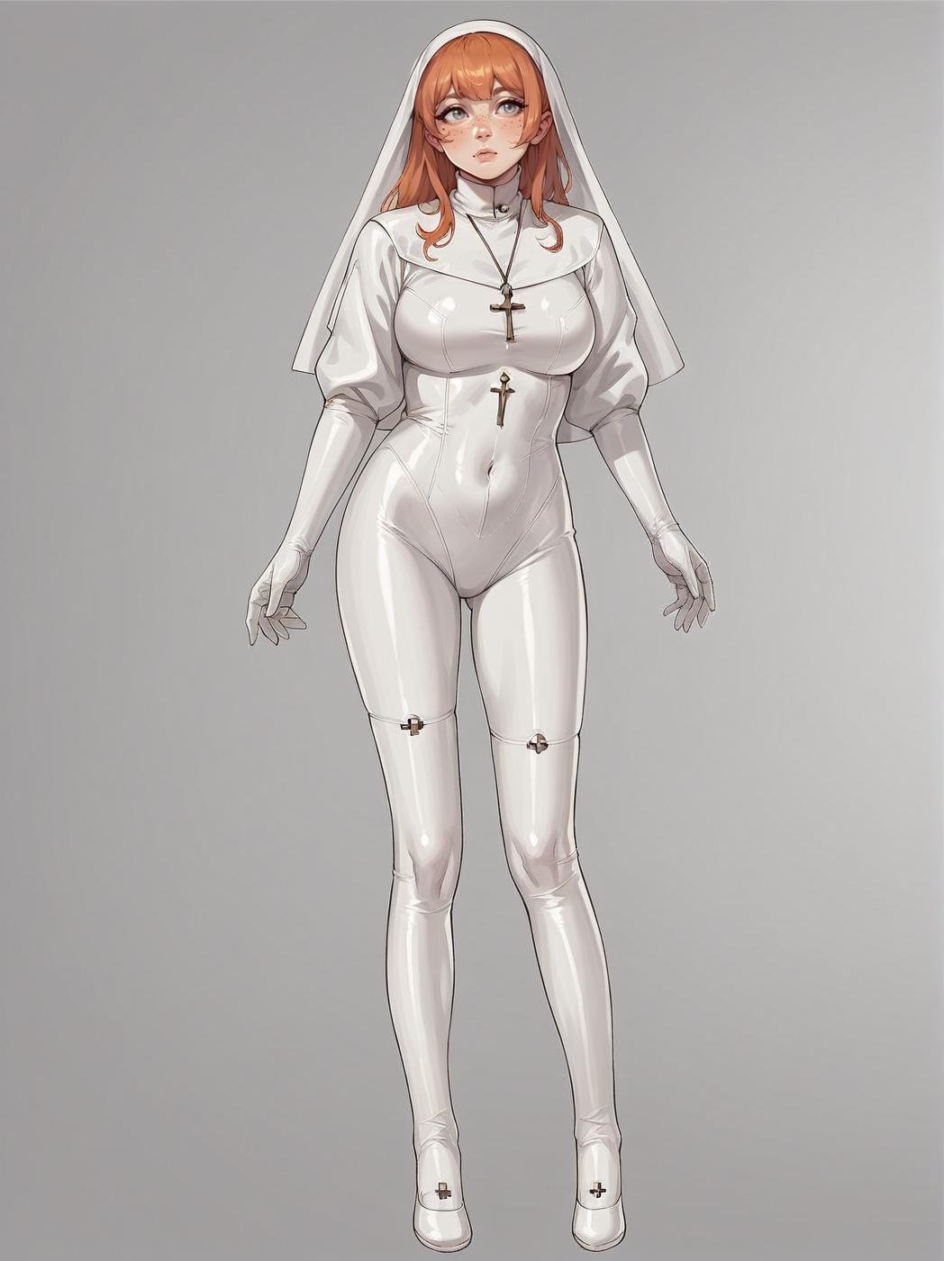 source_anime, score_9. score_8_up, score_7_up, score_6_up, score_5_up, score_4_up, (plump:0.3), large breasts, ginger hair, 1girl,  <lora:Ch0w13nunPXL:0.6> ch0wb13nun, long hair, bodysuit, cross, white bodysuit, nun, white latex, latex bodysuit, simple background, full body, anime