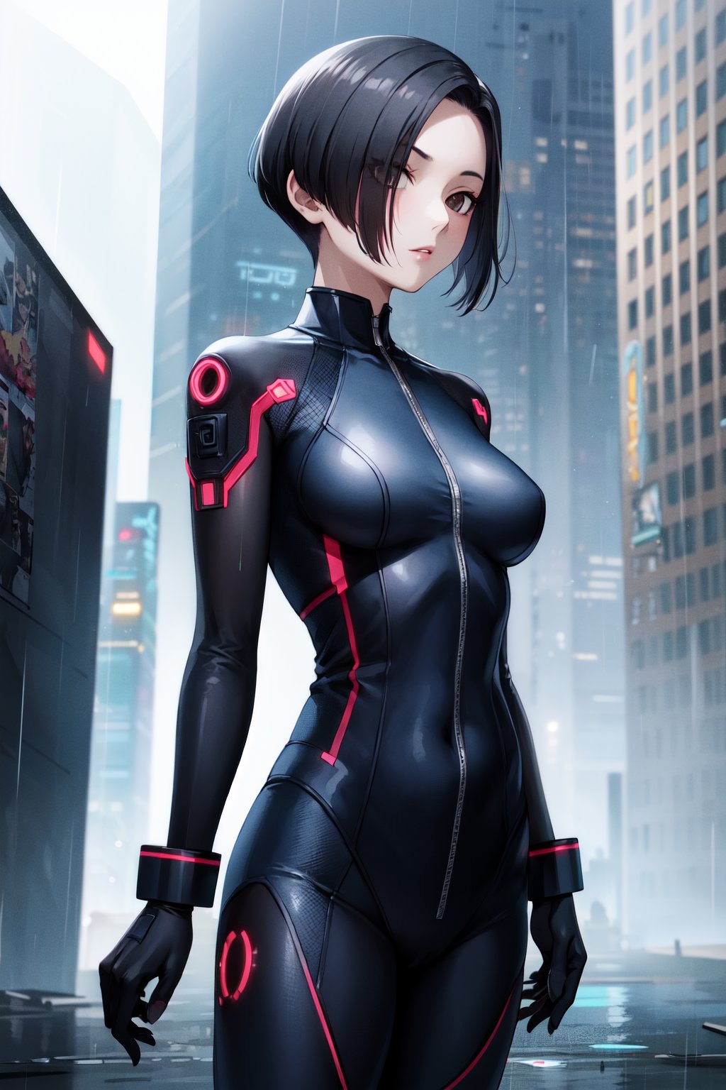 masterpiece, best quality, highres, aarinko, aarinko, short hair, black hair, bob cut, <lora:kobayakawa_rinko_v1:0.7>, bodysuit, gloves, cyberpunk, standing, city, rain, wet,