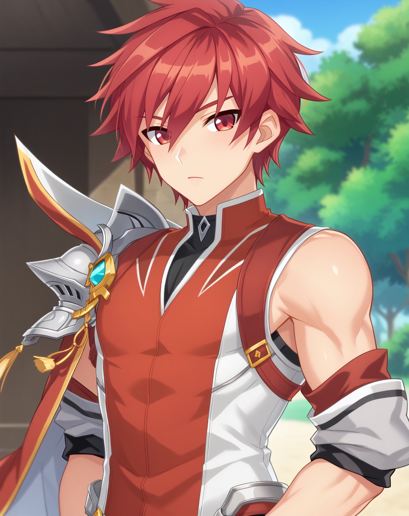 score_9, score_8_up, score_7_up, source_anime, anime screencap, depth of field, questionable, BREAK,1boy, solo, yaoi, male focus, mature male, looking at viewer, facing viewer, standing, straight-on, arms at sides, cowboy shot, <lora:elsword_knight_emperor:1> elswordknightemperor, red hair, red eyes, short hair, hair between eyes, spiked hair, casual, 