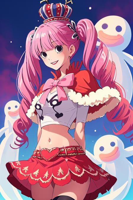 <lyco:PeronaV1:1>, cheems_perona_v3, red capelet, twintails, twin drills, crown, crop top, striped thighhighs, red skirt, arms behind back, smile, disc-shaped eyes, black eyes, ghost