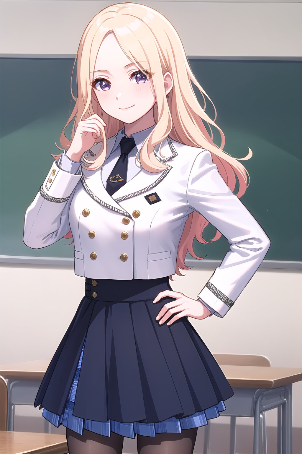 (masterpiece, best quality), highly detailed background, perfect lightingbest quality, juuousena, indoors, classroom, blonde hair, parted bangs, forehead, streaked hair, wavy hair, very long hair, purple eyes, medium breasts, white jacket, cropped jacket, double-breasted, blazer, buttons, black necktie, collared shirt, white shirt, long sleeves, (left hand up, right hand on hip:1.1), high-waist skirt, black skirt, pleated skirt, blue skirt, plaid skirt, grey pantyhose, school uniform, smile, closed mouth, :), <lora:Juuou-Sena-05:0.7>