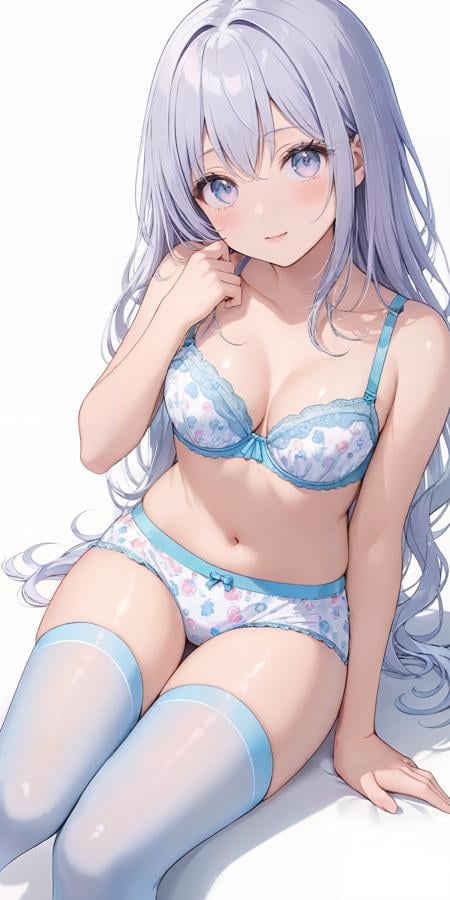 masterpiece,ultra-detailed,best quality,8K,illustration,cute face,clean skin ,shiny hair,girl,ultra-detailed-eyes,simple background, <lora:add-detail-xl:1>  <lora:jyojishitagi_XL_V1.1:1> jyojipan,  underwear, print panties,bra,thighhighs,pastel clothes,sitting