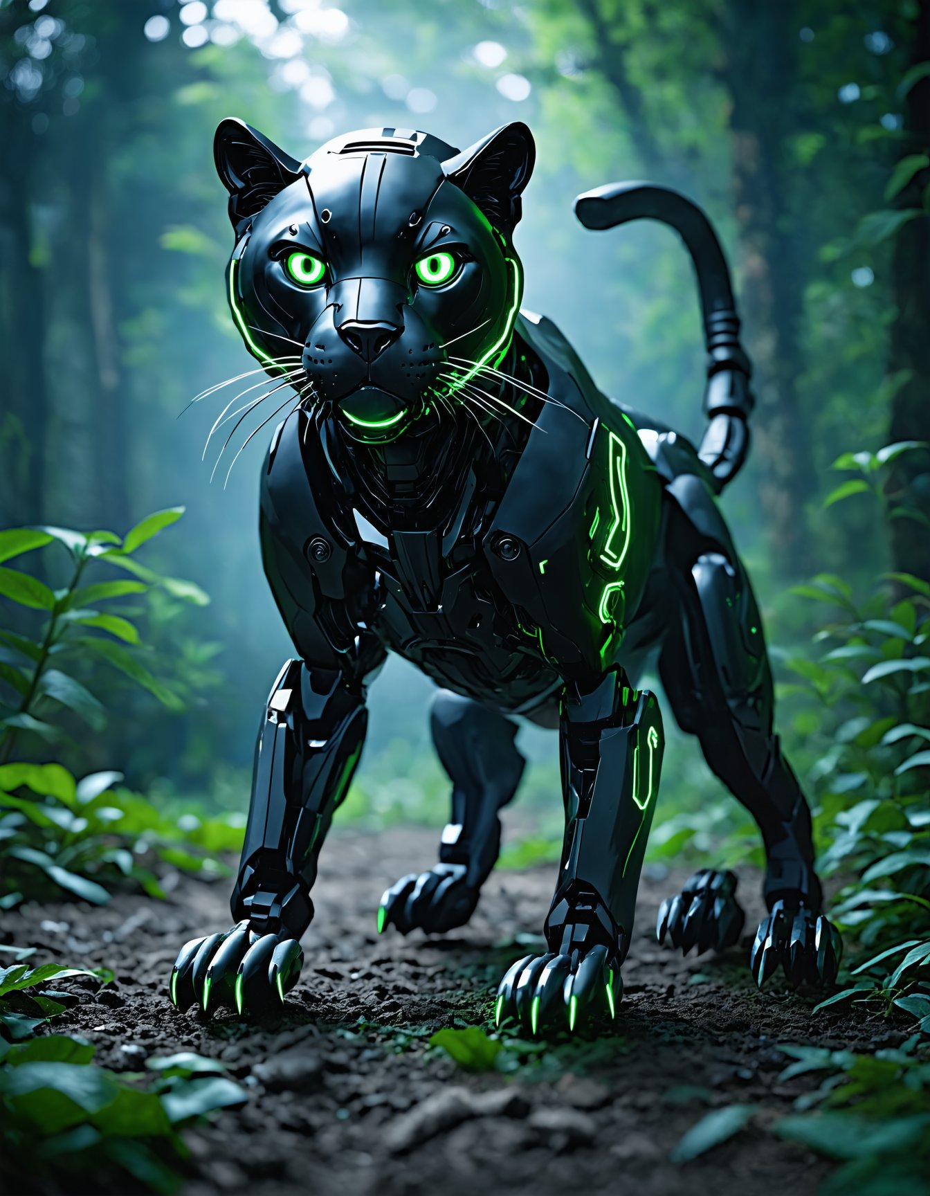 (best quality,8K,highres,masterpiece), ultra-detailed, (futuristic sci-fi robot panther), portrayal of a sleek robotic panther with a matte black finish and glowing green accents. The panther's body is streamlined for stealth, with retractable claws and a tail that doubles as a whip-like weapon. Its eyes are advanced night vision sensors. The background features a high-tech jungle with neon flora and hidden surveillance systems, emphasizing the panther's stealth and predatory nature.