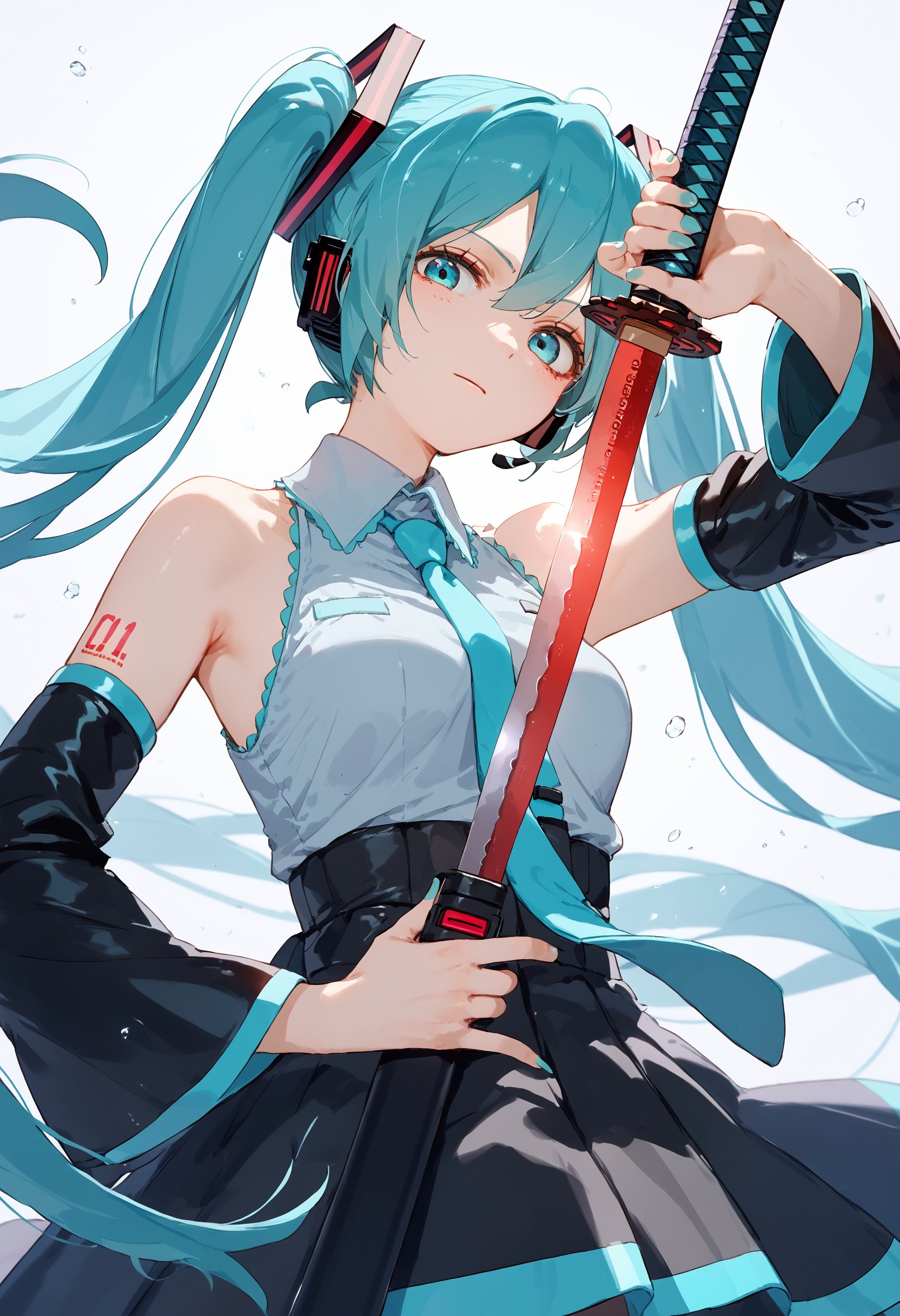 score_9, score_8_up, score_7_up, 1girl, holding sword unsheathing, looking at viewer, hatsune miku<lora:unsheathing_2_final:1>