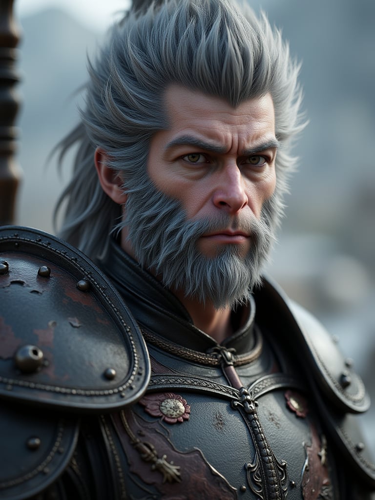 JQZX,Sun WuKong,1boy,male focus,armor,facial hair,beard,solo,looking at viewer,blurry background,blurry,upper body,closed mouth,grey hair,outdoors,realistic,