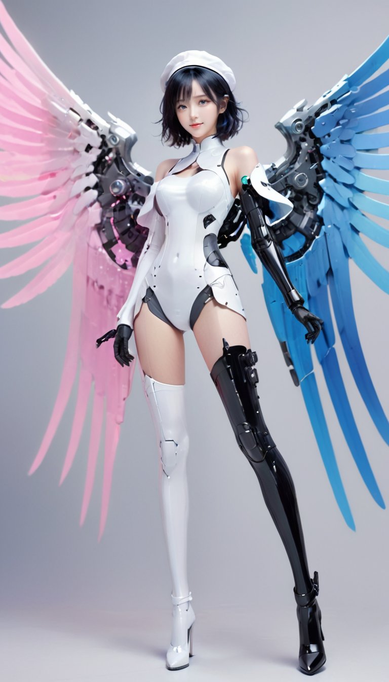 <lora:xl-shanbailing-0112yin_yang:0.75>,left and right different colors,(1girl:1.2),wings,(solo:1.2),left blue right pink,color patches,contrast,with a futuristic wing,1girl,solo,mechanical wings,breasts,black hair,wings,hat,long hair,bodysuit,science fiction,eyeshadow,smile,single mechanical arm,gloves,white headwear,two-tone hair,gradient,crossed arms,bangs,gradient background,beret,grey hair,asymmetrical clothes,mecha musume,cowboy shot,