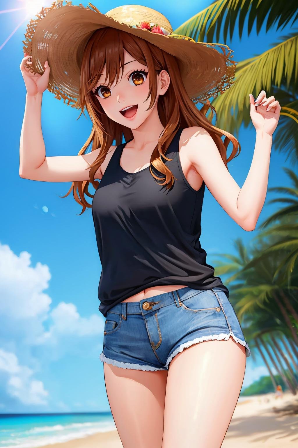 masterpiece, best quality, <lora:kyoukohori-nvwls-v1-000009:0.9> hori kyouko, white tank top, sleeveless, shorts, sun hat, beach, looking at viewer, smile, :D