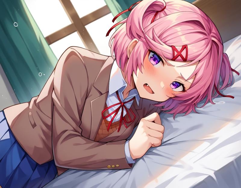 score_9, score_8_up, score_7_up, source_anime,ddlcnatsuki, <lora:ddlc-natsuki-ponyxl-lora-nochekaiser:1>ddlcnatsuki, fang, hair ornament, pink hair, purple eyes, short hair, short sidetail, swept bangs, x hair ornament,blazer, blue skirt, brown jacket, collared shirt, jacket, long sleeves, miniskirt, neck ribbon, pleated skirt, red ribbon, ribbon, school uniform, shirt, skirt, swept bangs, vest, white shirt, wing collar, x hair ornament,indoors, bed, bed room, on side, blush, drunk,looking at viewer, dutch angle, cowboy shot, 