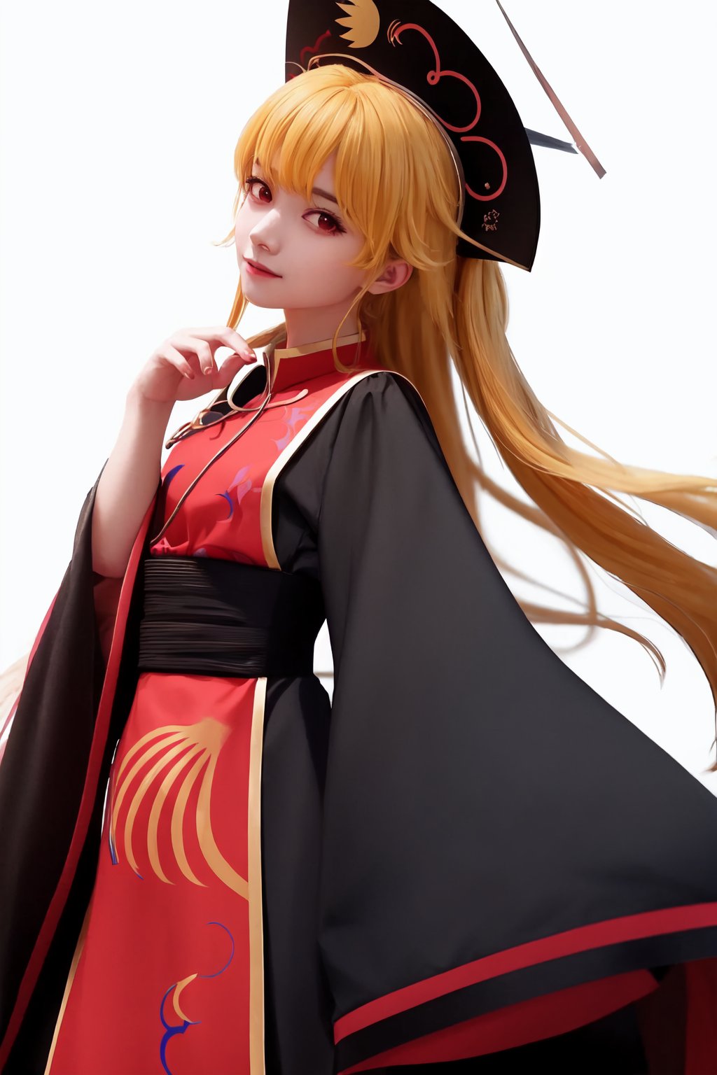 junko_(touhou),1girl,solo,tabard,hat,long_sleeves,black_dress,looking_at_viewer,wide_sleeves,chinese_clothes,closed_mouth,smile,pom_pom_(clothes),black_headwear,simple_background,crescent,phoenix_crown<lora:junko_(touhou):1>,simple background,white backgroundmasterpiece,best quality, highly detailed, 