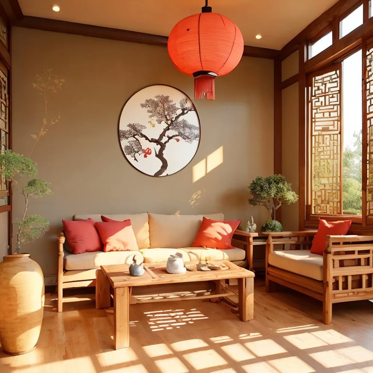 jianzhu, Chinese style, living room, wood furniture, tatami, vase, painting, calligraphy, bonsai, lantern, sunlight, shadow, peaceful, tranquil, warm, inviting<lora:jianzhu-000009:0.8>