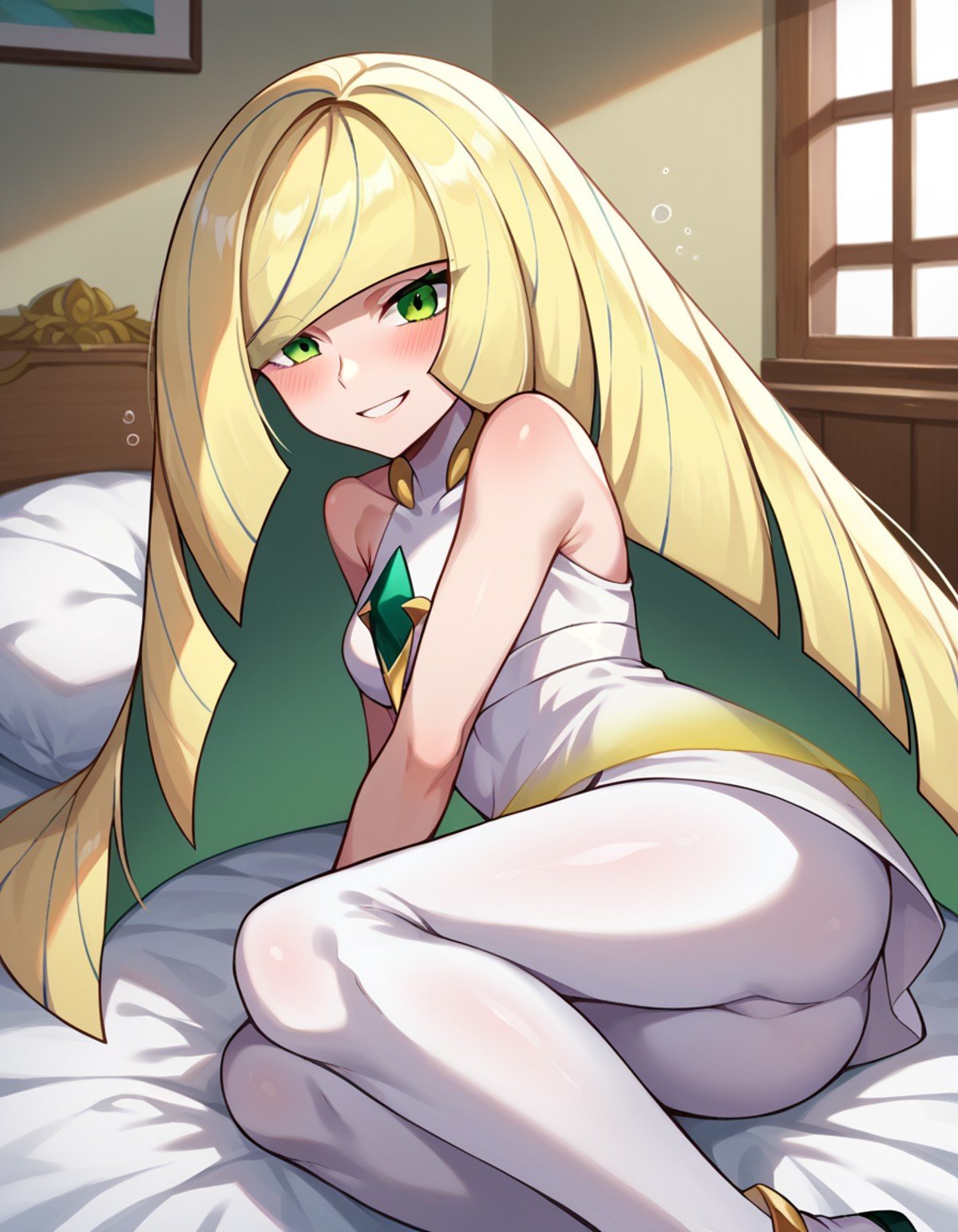 score_9, score_8_up, score_7_up, source_anime,pokemonlusamine, <lora:pokemon-lusamine-ponyxl-lora-nochekaiser:1>pokemonlusamine, blonde hair, green eyes, hair over one eye, long hair, multicolored hair, streaked hair, very long hair, smile,bare arms, diamond \(shape\), dress, gem, green gemstone, leggings, short dress, sleeveless, sleeveless dress, white dress, white leggings,indoors, bed, bed room, on side, blush, drunk,looking at viewer, dutch angle, cowboy shot, 