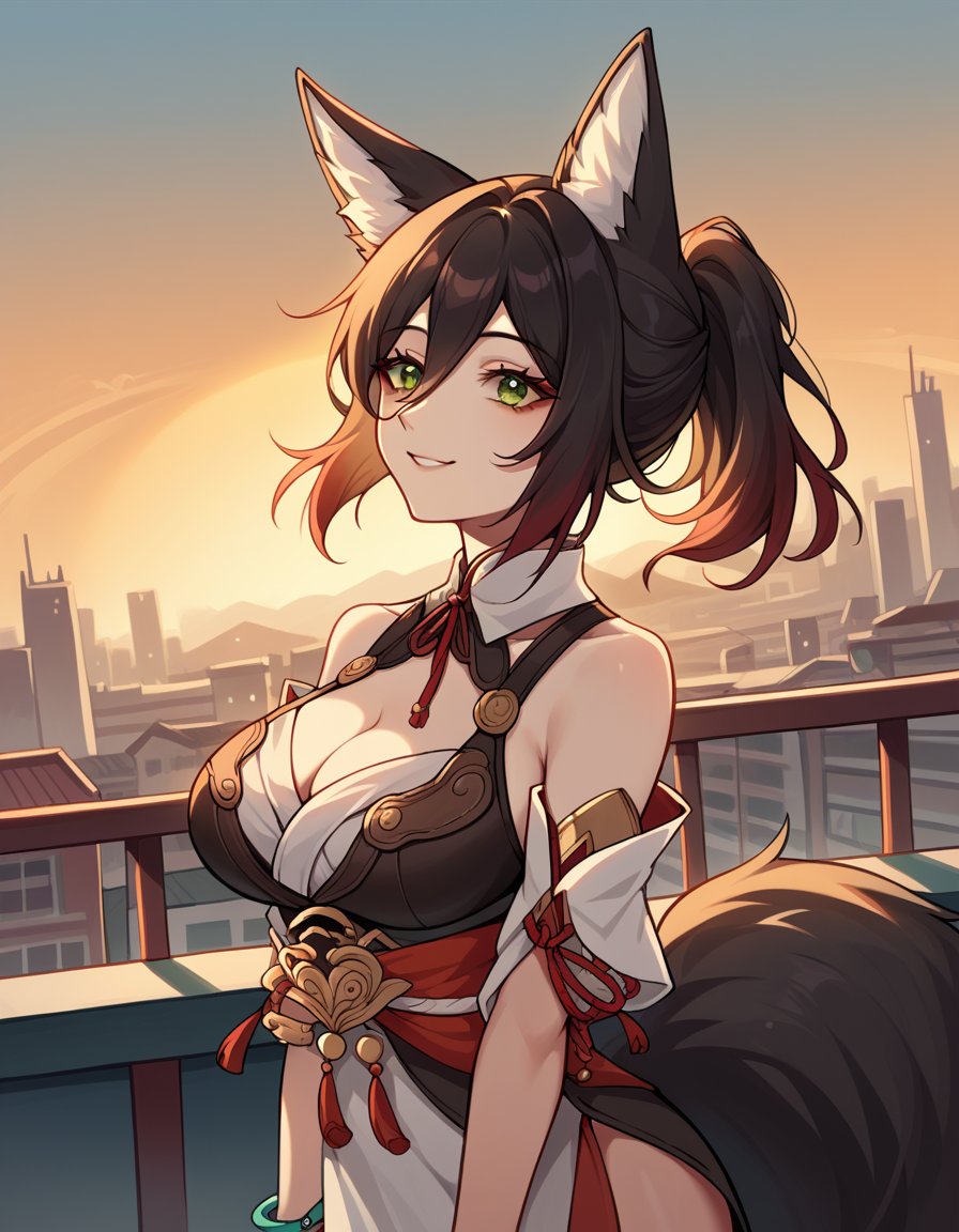 score_9, score_8_up, score_7_up, source_anime, <lora:hsr-tingyun-ponyxl-lora-nochekaiser:1>, tingyun, black hair, fox girl, fox tail, fox, fox ears, green eyes, kitsune, large breasts, animal ears, ponytail,, bracelet, cleavage, detached collar, detached sleeves, jewelry, revealing clothes, bare shoulders,, rooftop, sunset, cityscape, quiet moment, wind blowing, contemplative, smile, , smile, from side, solo,, cowboy shot, dutch angle