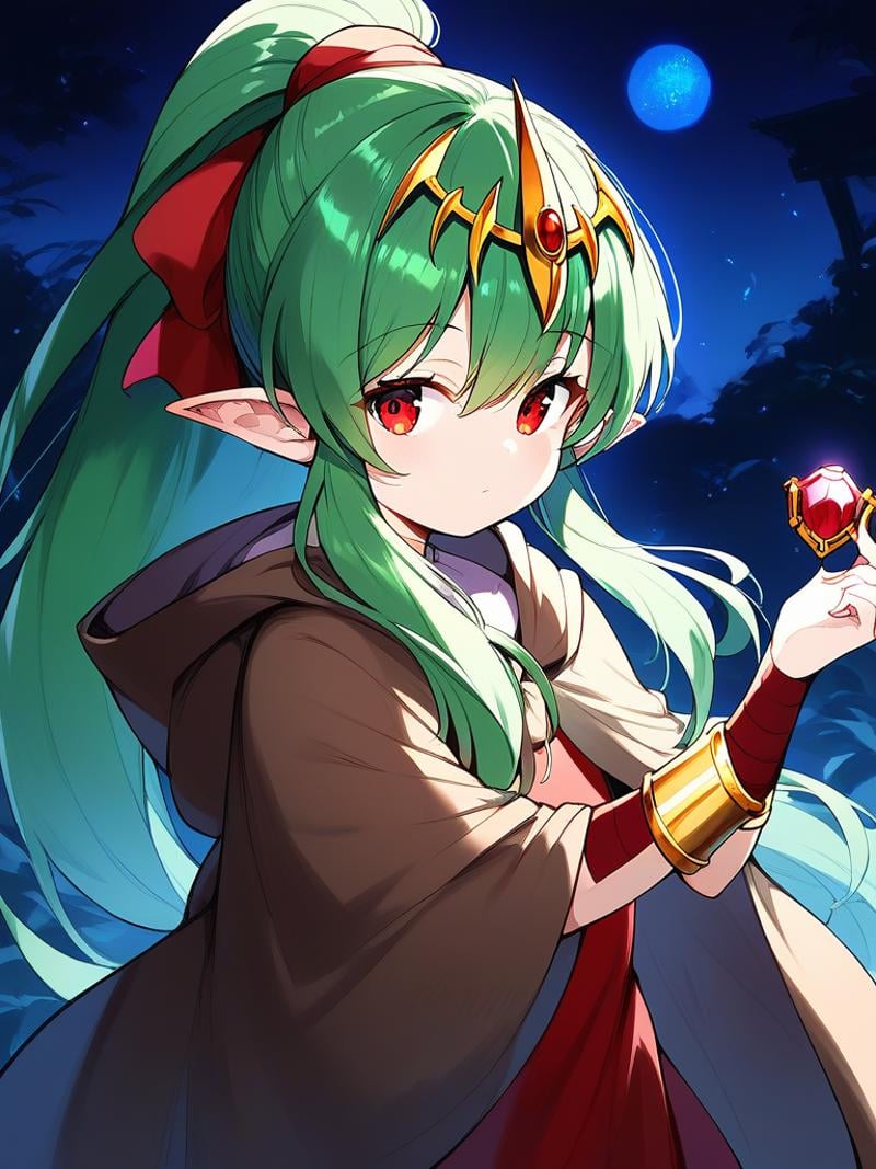 score_9, score_8_up, score_7_up, source_anime, rating_explicit, BREAK  <lora:Tiki_FE_XL:1>  Tiki, pointy ears, long hair, green hair, ponytail, tiara,  flat chest, hair ribbon, very long hair, short stack,red eyes, stone, solo, brown hood, hood up, jewelry,  closed mouth, cloak, gem, upper body, dress, hair ornament, hooded cloak, bracellooking at viewer, night, 