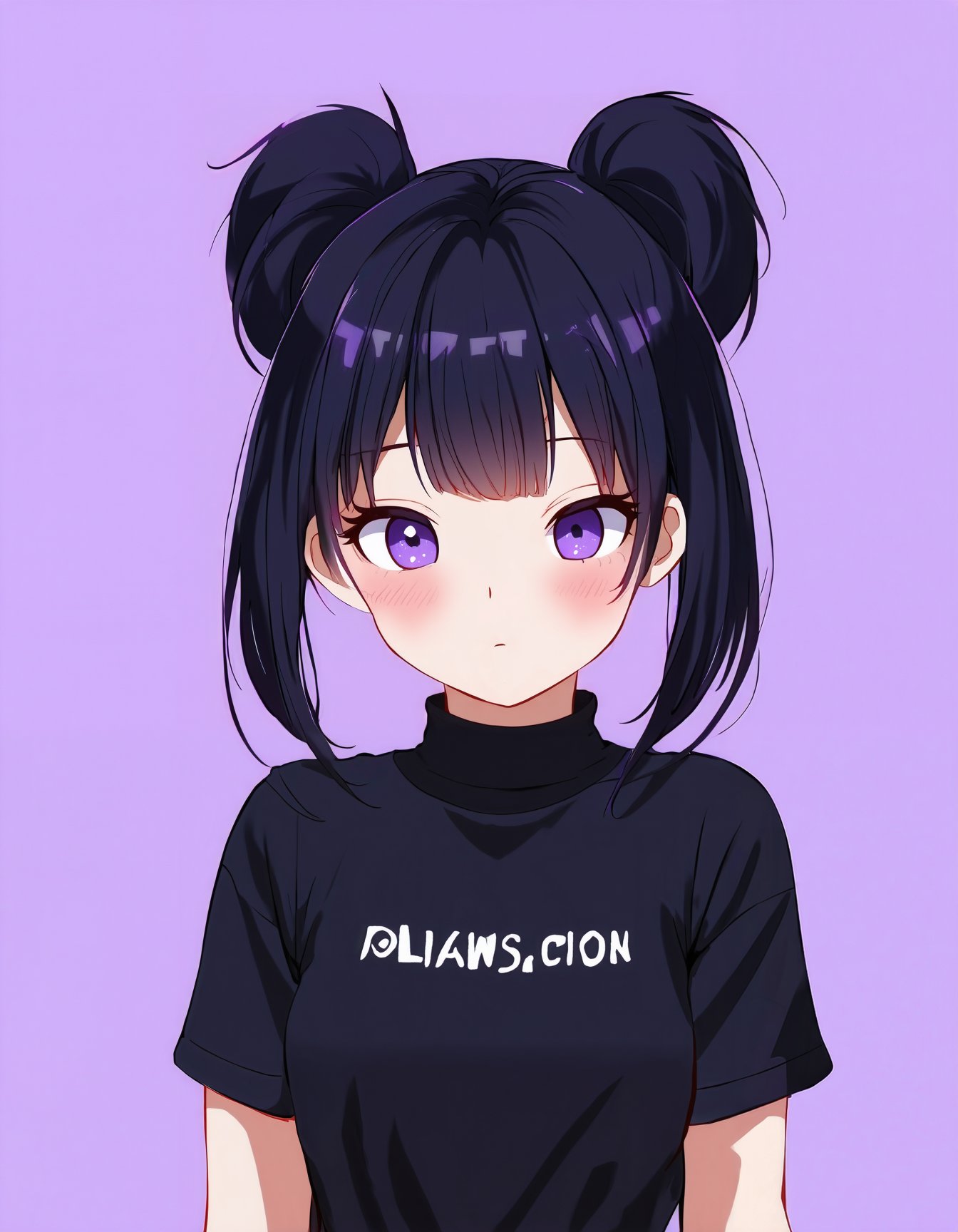 anime style, anime girl,looking at viewer,bangs,shirt,black hair,closed mouth,purple eyes,upper body,purple hair,short sleeves,multicolored hair,hair bun,black shirt,double bun,turtleneck,expressionless,clothes writing,purple background