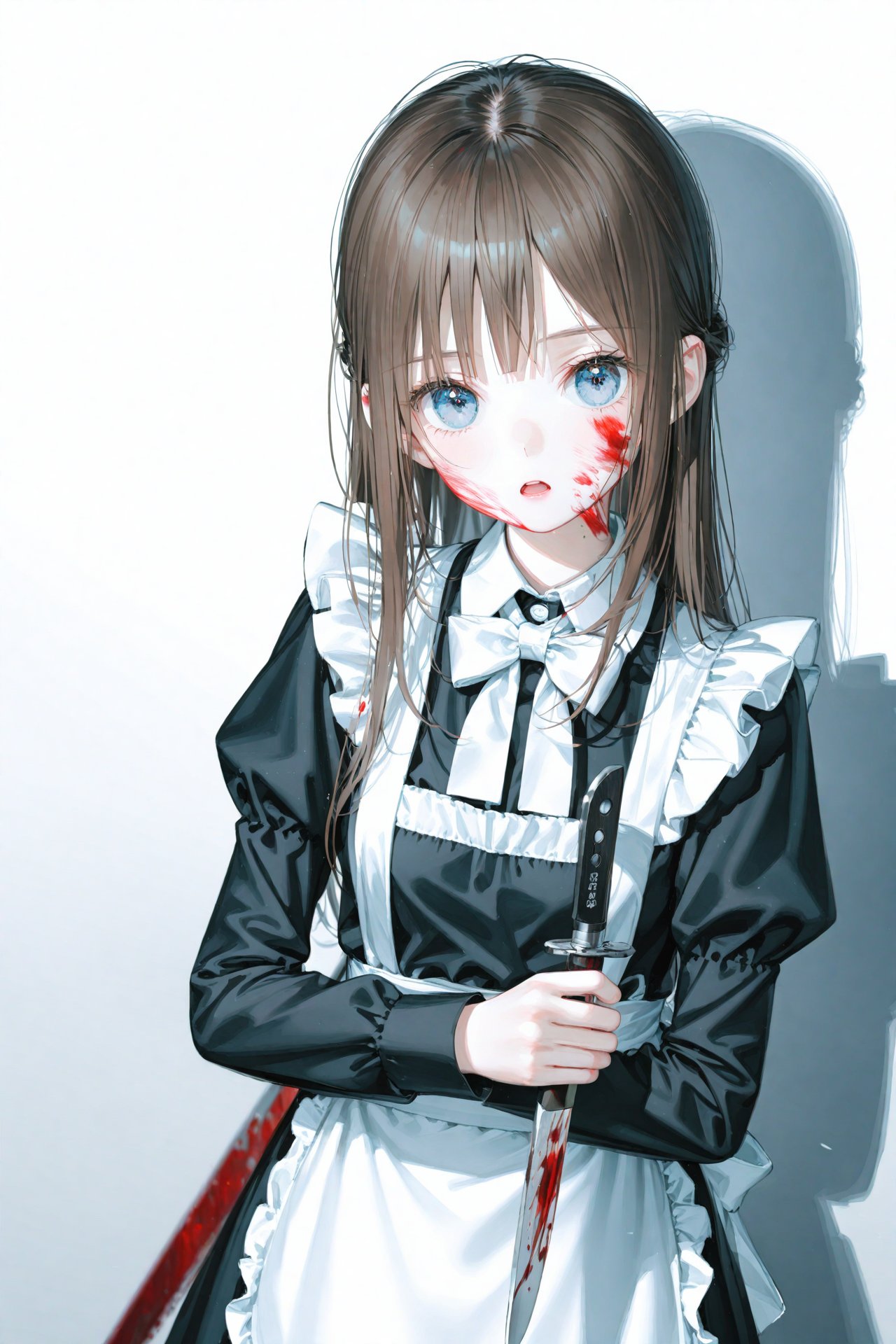 masterpiece,best quality,illustration,ultra detailed,hdr,Depth of field,(colorful),[iumu],[Artist chen bin],Artist roha, 1girl, solo, holding, long hair, blue eyes, blood, apron, knife, looking at viewer, maid, brown hair, blood on face, long sleeves, holding knife, dress, black dress, bow, shadow, juliet sleeves, white bow, maid apron, weapon, white bowtie, puffy sleeves, white apron, open mouth, blood on clothes, bowtie, holding weapon, simple background, breasts, jewelry, parted lips, upper body, off shoulder