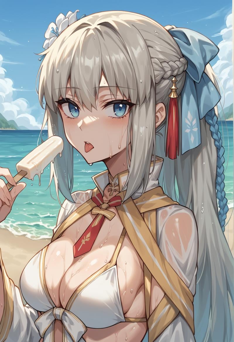 1girl, long hair, grey hair, blue eyes, very long hair, braid, ponytail, hair flower, white bikini, detached collar, detached sleeves, blue ribbon, yellow ribbon, outdoors, wet hair, wet, sweat, beach, upper body, popsicle, tongue out, sexually suggestive, looking at viewer,  <lora:Morgan_XL:1>, score_9, score_8_up, score_7_up, score_6_up, score_5_up, score_4_up, BREAK source_anime, masterpiece