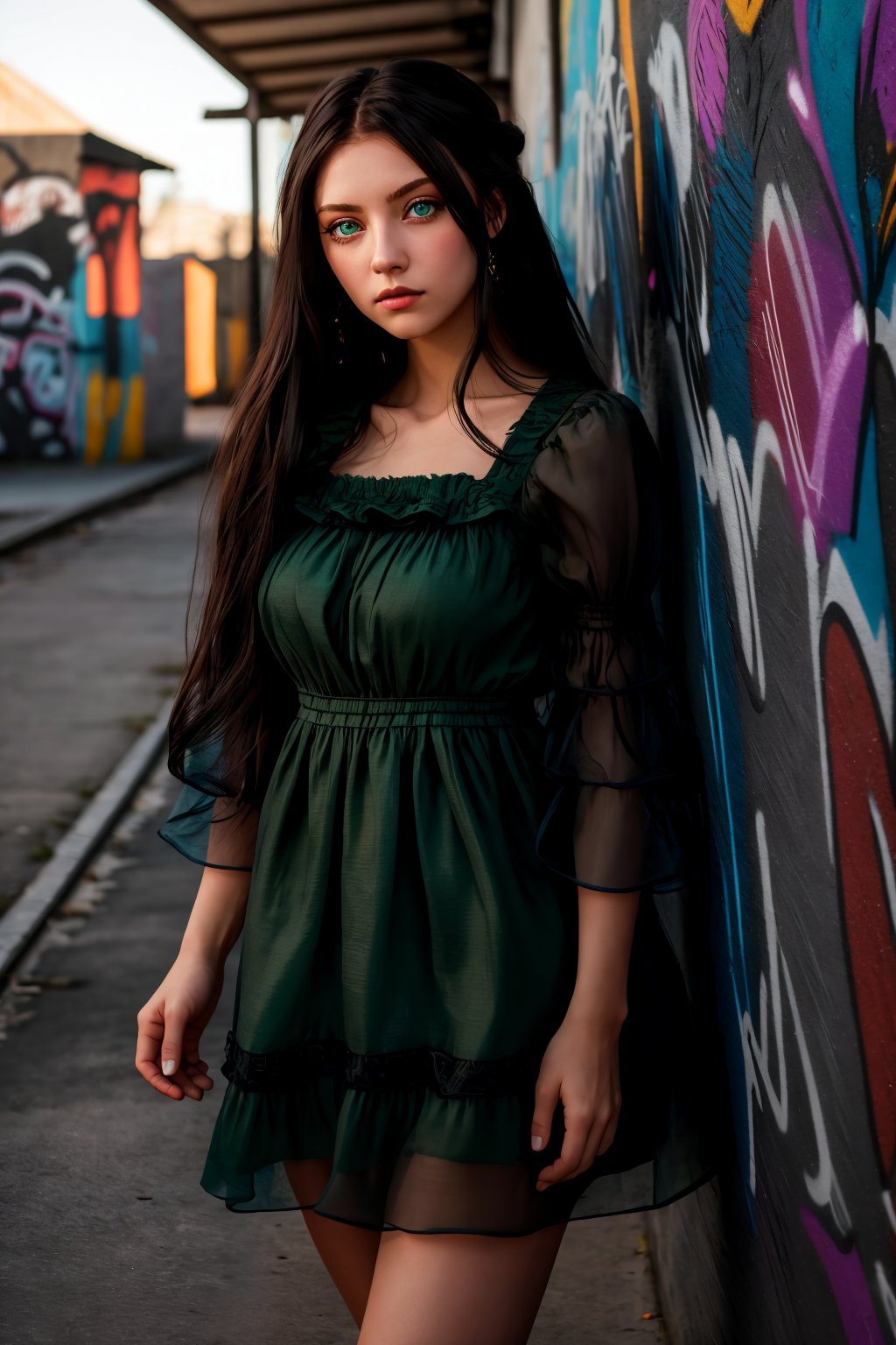 masterpiece, highly detailed 8k, best quality, volumetric lighting, volumetric lighting, intricate, Blue black very long hair young woman in Pastel Red rfdrss, miserable, Columbia Green eyes, Graffiti Walls background <lora:ruffled dress v4.3-000007:1>