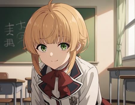 score_9, score_8_up, score_7_up, source_anime,norngreyrat, <lora:norn-greyrat-s2-ponyxl-lora-nochekaiser:1>,norn greyrat, bangs, blonde hair, green eyes, ahoge,long sleeves, bow, school uniform, jacket, bowtie, red bow, skirt, red skirt, white jacket,indoors, classroom, bent over, smile,solo, dutch angle, looking at viewer, cowboy shot,