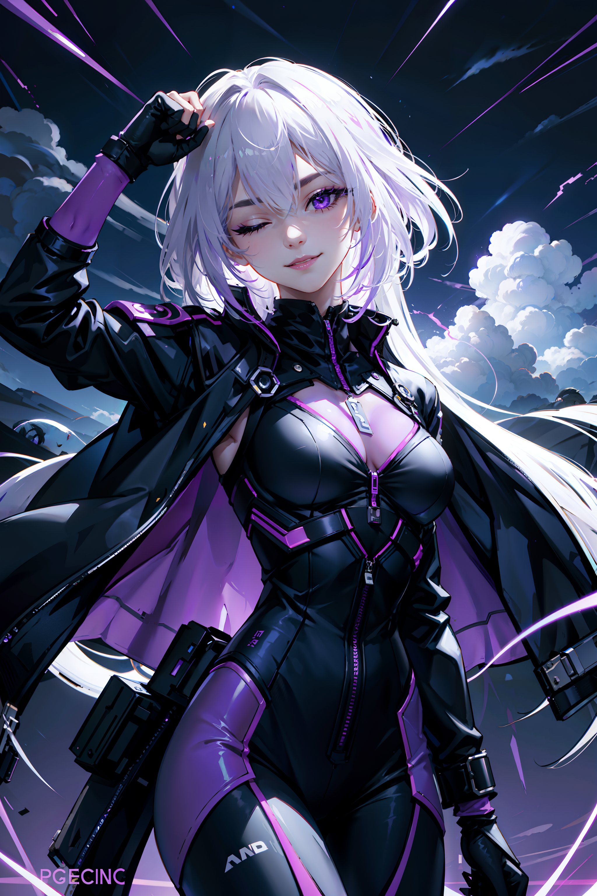 android, mechanical arms, lightning, purple lightning, clouds, (dark theme:1.3), arms crossed, limited pallete, cinematic lighting, backlight, white hair, absurdly long hair, hair over one eye, (purple eyes:0.9), seductive smile, evil smile, wide-eyed, head tilt,  white jacket, purple, purple theme, arms up, fists, BREAK, one eye closed