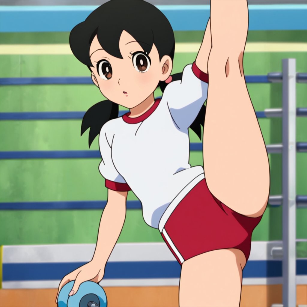 score_9,source_anime, minamoto shizuka, low twintails, 1girl, solo, gym uniform, gym, standing split, looking at viewer,cowboy shot,leg up,masterpiece, perfect face, best quality, beautiful eyes, shiny eyes, anime coloring, anime screencap, absurdres, award winning,<lora:minamoto shizuka auti 923 1:0.8>