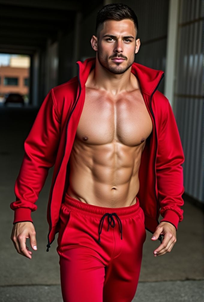 danny amendola ,  realistic photo in a worn ((skin-revealing skimpy erotic red tracksuit,  massive pecs)) by HottiesnHotti...