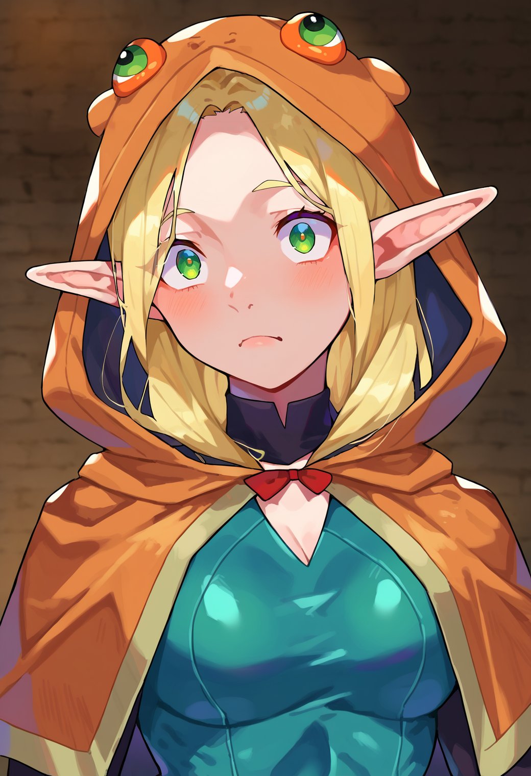 score_9, score_8_up, score_7_up, score_6_up, source anime, BREAK<lora:dungeon_meshi_marcille:0.8> orange frog suit, ellicrampnxl, marcille donato, 1girl, pointy ears, elf, dungeon, frog hood, hood up, bodysuit, frog costume