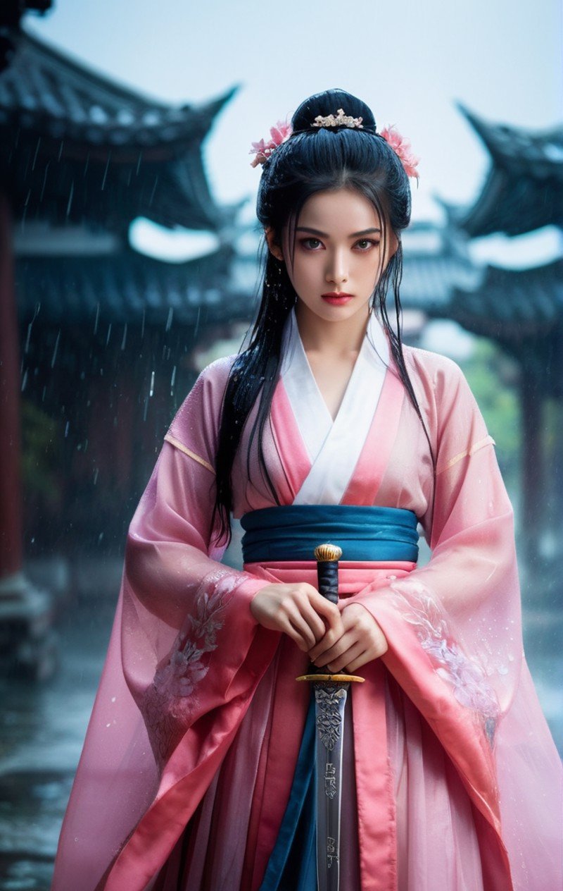 18 y.o beautiful girl and monster,transparent hanfu,masterpiece,best quality,eyes close-up,from_above,best fingers,facing viewer,magnificent,celestial,ethereal,painterly,epic,majestic,magical,fantasy art,cover art,dreamy,elegant,cinematic,background illuminated,rich deep colors,ambient dramatic atmosphere,creative,perfect,beautiful composition,intricate,detailed,ink and wash,soft backlight,traditional chinese characters,magazine cover,pink long upper shan,heavy rain,exaggerated dynamic posture,wet clothes,glaring,angry,wet_hair,(wet body:1.3),(take the sword:1.4),battle posture,cleavage,