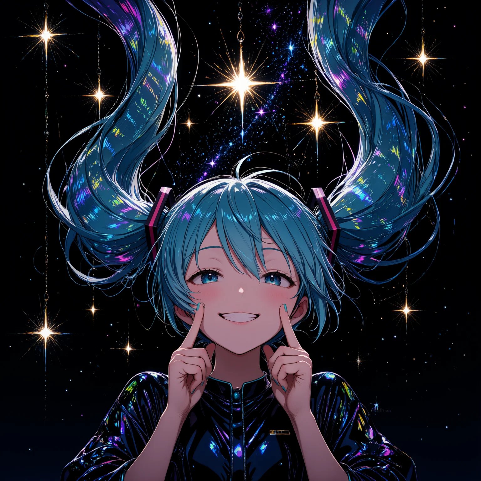 Numerous iridescent lights are sparkling against a black background.1girl,  hatsune miku,  floating hair by miaomiao on Te...