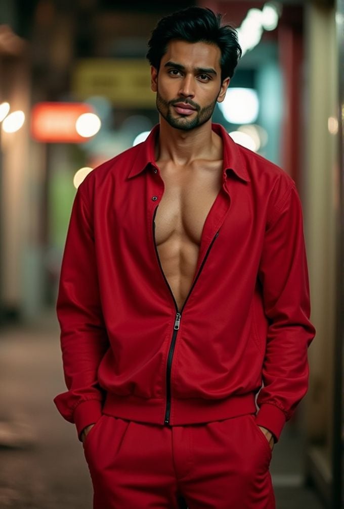 Rohit Khandelwal ,  realistic photo in a worn ((skin-revealing skimpy erotic red tracksuit,  massive pecs)) by HottiesnHot...