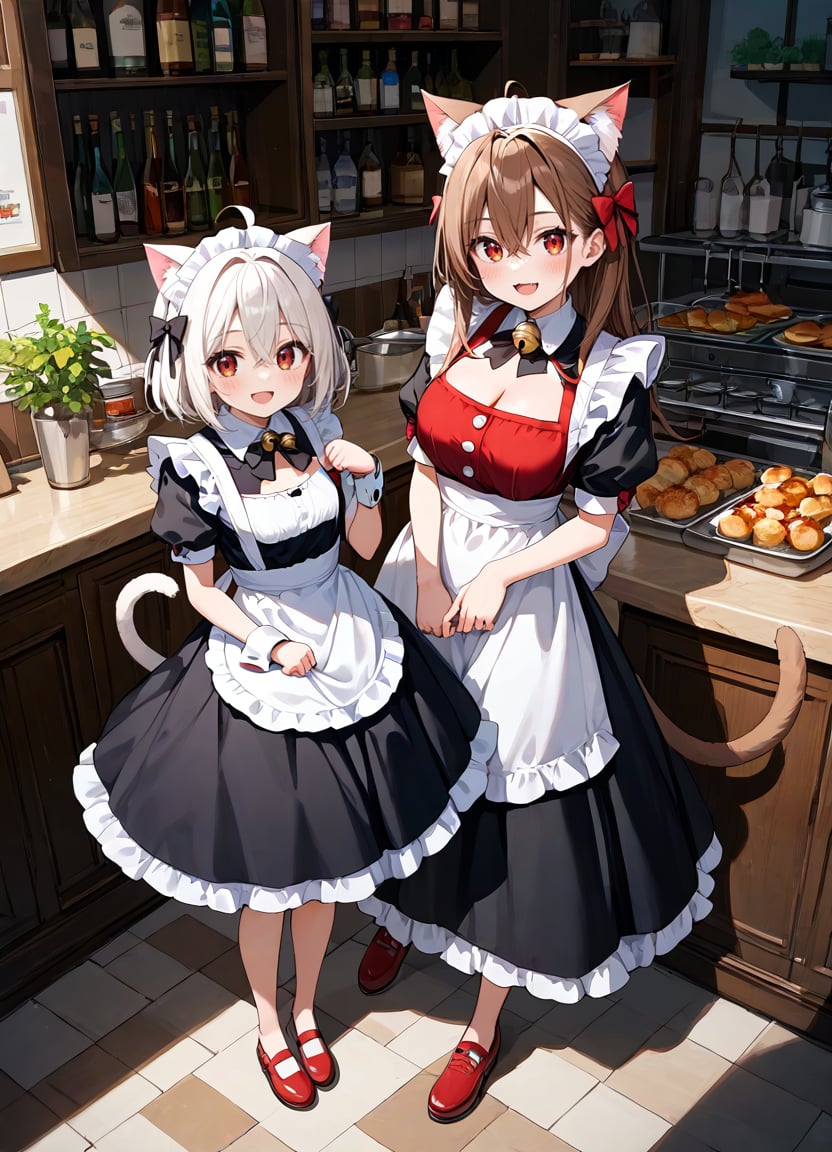 score_9, score_8_up, score_7_up , source_anime ,masterpiece, best quality, perfect anatomy , very aesthetic , official art,BRAKE2girls, :d, ahoge, animal, animal ears, apron, bell, black dress, black bow, blush, bow, brown hair, brown eyes, cat ears, cat girl, cat tail, cleavage cutout, clothing cutout, dress, full body, hair between eyes, hair bow, hand up, jingle bell, long hair, long sleeves, looking at viewer, maid, maid apron, maid headdress, medium hair, multiple girls, neck bell, no headwear, open mouth, puffy short sleeves, puffy sleeves, red bow, red eyes, red footwear, red vest, shadow, shirt, short sleeves, smile, tail, white apron, white hair, white shirt