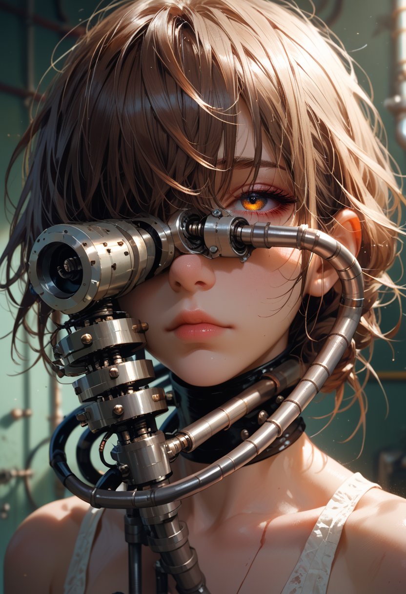 winding mechanical girls by countless pipes,pipeline all over the girl's body,line covering face,only the eyes came out,the eyes are very delicate,eye focus,, score_9,score_8_up,score_7_up,masterpiece,best quality,8k,