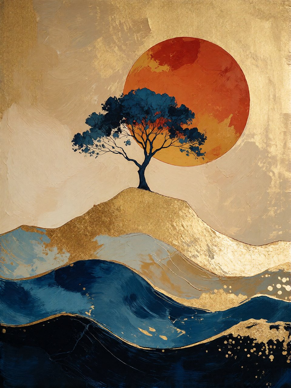 Bradhamel art style. A vertical canvas painting of a solitary dark blue tree standing atop a golden-hued hill,  beneath a...