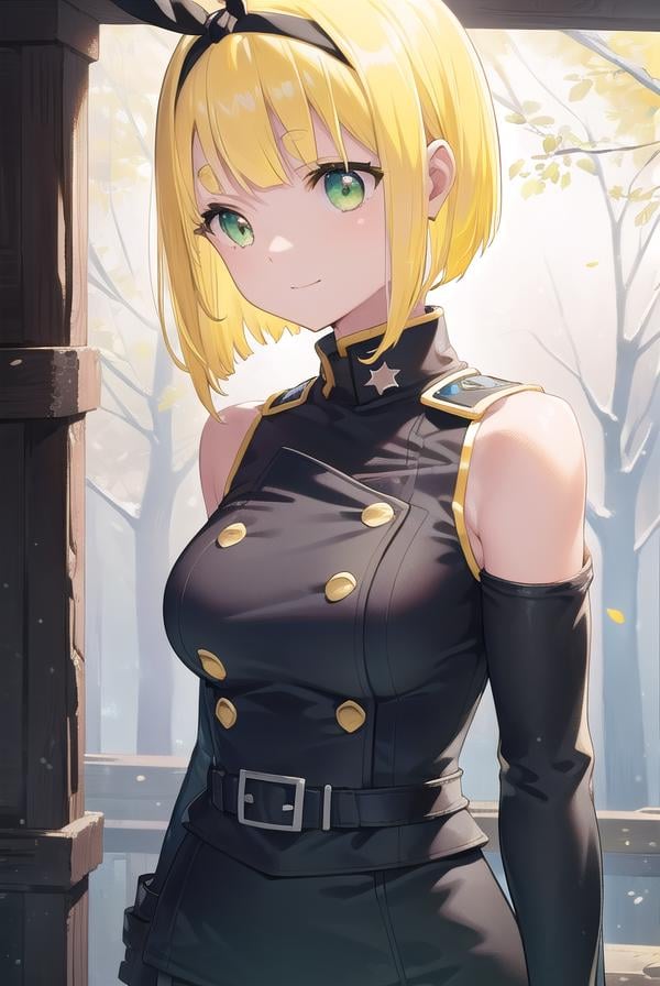 shushusuruga, <lora:shushu suruga manga-lora-nochekaiser:1>,shushu suruga, short hair, bangs, hair ribbon, hairband, blunt bangs, thick eyebrows, (green eyes:1.5), (yellow hair:1.5), smile,BREAK gloves, shorts, elbow gloves, belt, buttons, military uniform, military, (bare shoulders:1.5), (black military uniform:1.7),BREAK outdoors, space, starry sky, star \(sky\), moon,BREAK looking at viewer, (cowboy shot:1.5),BREAK <lyco:GoodHands-beta2:1>, (masterpiece:1.2), best quality, high resolution, unity 8k wallpaper, (illustration:0.8), (beautiful detailed eyes:1.6), extremely detailed face, perfect lighting, extremely detailed CG, (perfect hands, perfect anatomy),