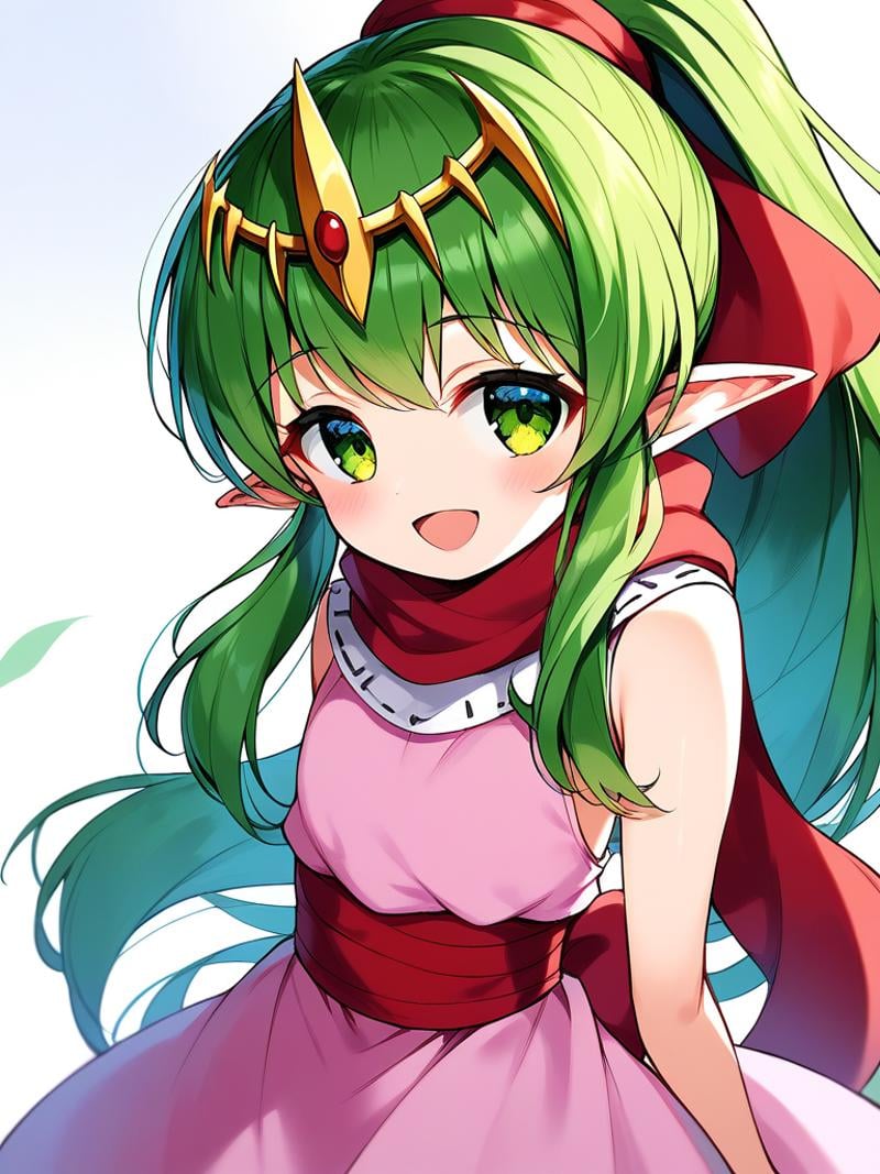 score_9, score_8_up, score_7_up, source_anime, rating_explicit, BREAK  <lora:Tiki_FE_XL:1>  Tiki, pointy ears, long hair, green hair, ponytail, tiara, green eyes, flat chest, hair ribbon, very long hair, short stack,solo,  open mouth, smile, upper body, dress, looking at viewer, pink dress, sleeveless, scarf, ribbon,  blush,  bangs, red ribbon, sleeveless dress,looking at viewer, grassland, 