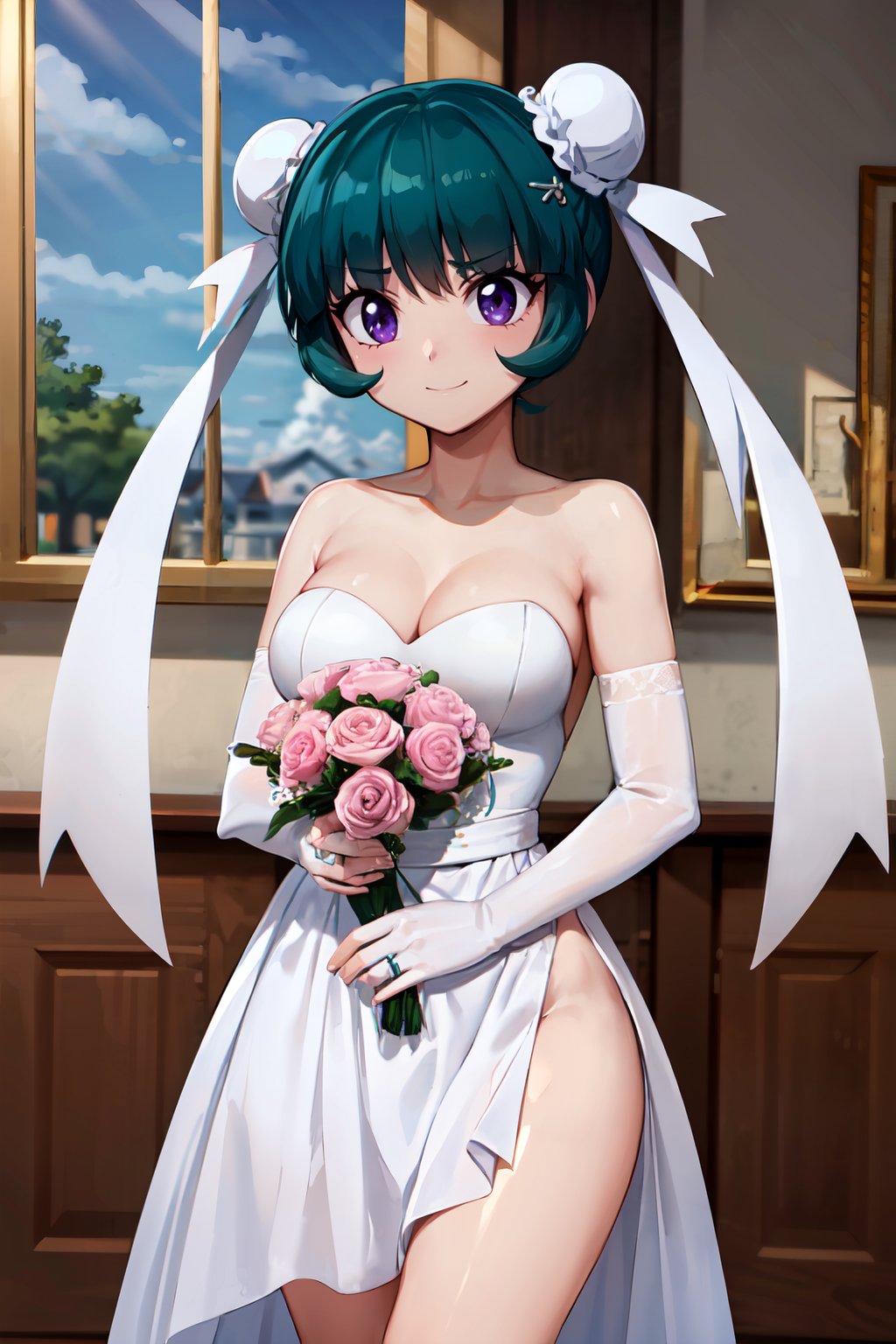 ((masterpiece,best quality)), absurdres,  BREAK, , <lora:MeiMeiBeyblade:0.7>, zzMeiMei, 1girl, purple eyes, green hair, hair bun, bun cover, , BREAK, bride, wedding dress, bridal veil, strapless dress, elbow gloves, holding bouquet,, BREAK, solo, smile, looking at viewer, cowboy shot,