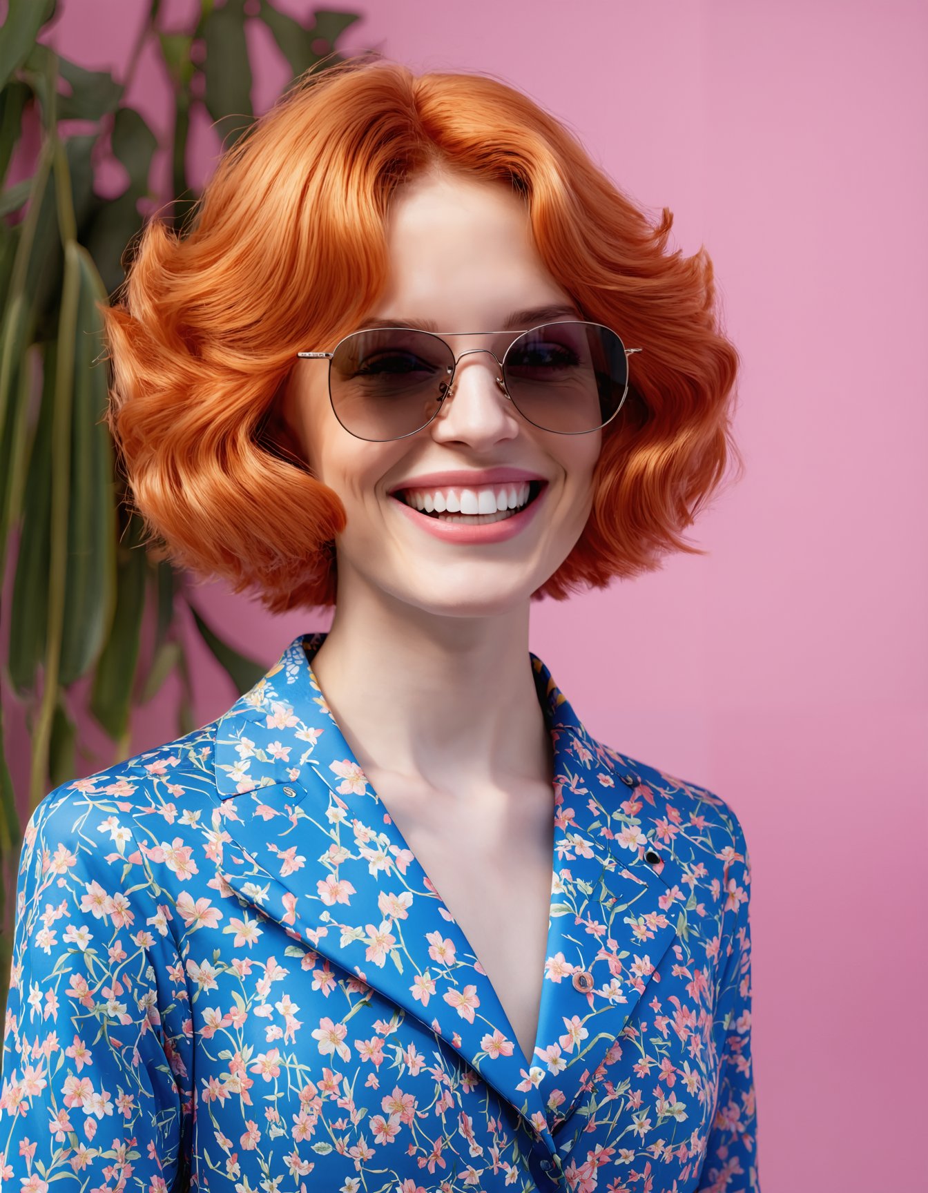 (best quality,8K,highres,masterpiece), ultra-detailed, a midcentury modern woman with red retro hair, wearing Palm Springs retro attire and sunglasses. happy smile, The portrait is infused with Wes Anderson's signature style, featuring symmetrical composition, pastel color palette, and meticulous attention to detail. pop surreal element to the scene. The overall composition evokes a sense of nostalgia and whimsy, capturing the essence of retro charm in a visually stunning portrait.