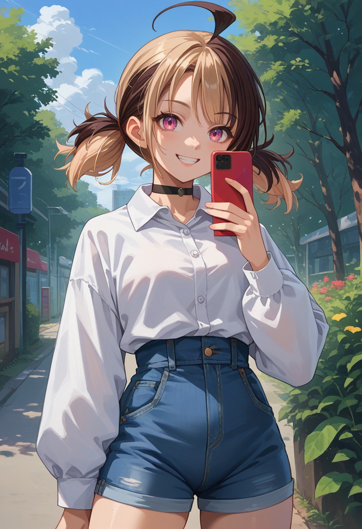 score_9, score_8_up, source_anime, 1girl, solo, GigiMurin, multicolored hair, short twintails, ahoge, white shirt, dress shirt, black choker, holding cellphone, denim shorts, high-waist shorts, outdoors, smile, <lora:ChamGigiMurinPonyXL:1>