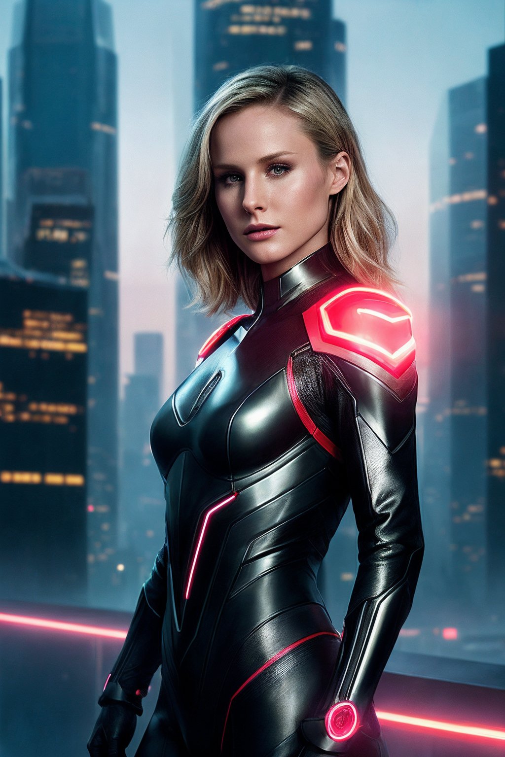 KristenB_SoloTI_v1,  (In a sleek,  futuristic outfit featuring a form-fitting metallic jumpsuit with glowing accents by So...