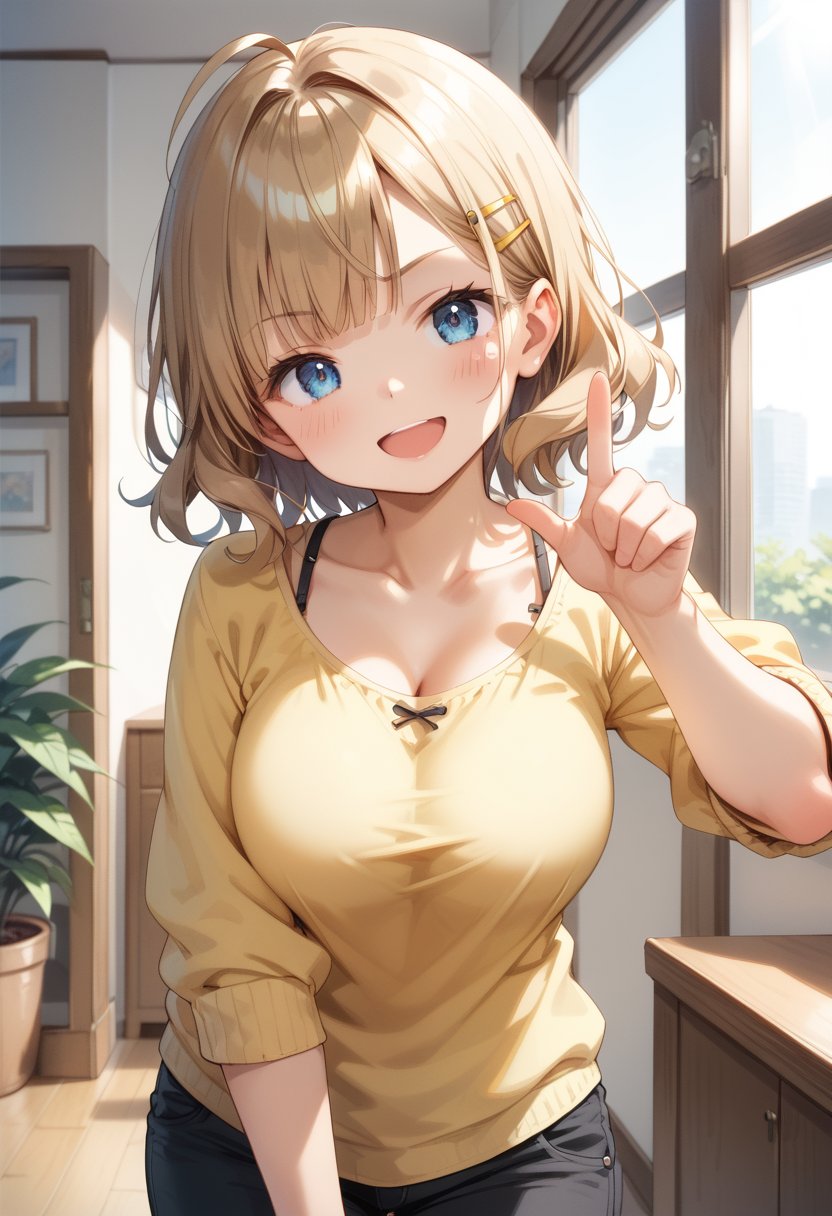 score_9, score_8_up, score_7_up, BREAK1girl, casual, dutch angle, short hair, upper body, light brown hair, brown hair, collarbone, blunt bangs, yellow shirt, wavy hair, holding, medium hair, blue eyes, blush, smile, open mouth, ahoge, hand up, blonde hair, yellow dress, pointing at viewer, eyebrows visible through hair, long sleeves, indoors, looking at viewer, head tilt, :d, solo, lens flare, window, short over long sleeves, layered sleeves, v-shaped eyebrows, black pants, pants under dress, capri pants, pants rolled up, hairclip, large breasts, 